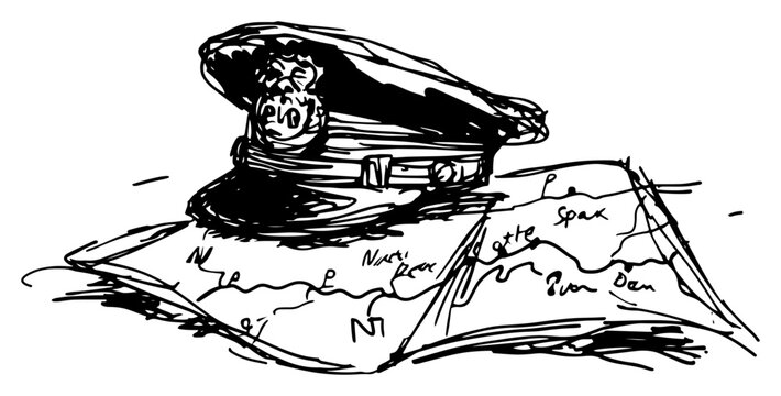 Military officer cap resting on top of unfolded map sketch style
