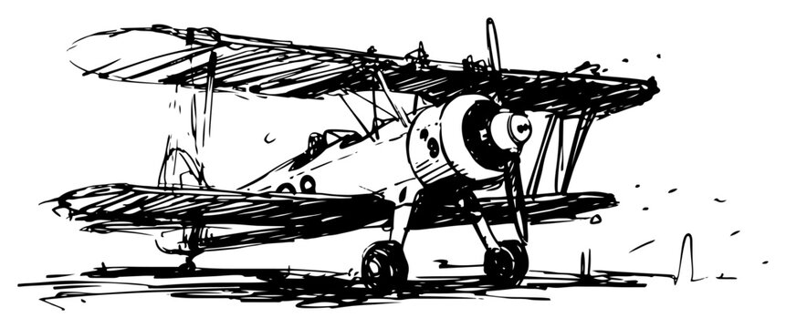 Vintage biplane military aircraft parked on ground sketch style