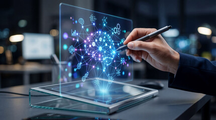 Fototapeta premium Futuristic holographic brain network visualization projected above tablet, hand with stylus interacting with neural connections and data nodes in modern office, innovative and focused