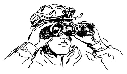 Obraz premium Soldier wearing tactical helmet looking through large binoculars black and white sketch