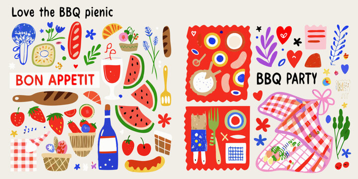 Colorful illustration depicting a cheerful barbecue picnic with various food items