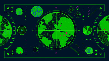 Obraz premium Futuristic radar screen displaying a world map and various data points