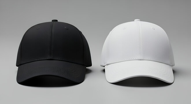 Classic black and white baseball caps side by side on a grey background blank headwear template for mockup and design presentation hat mockup mockup cap hat template fashion clothing baseball front sp