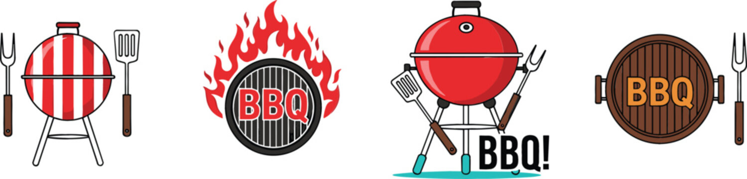 BBQ Grill Icon Collection Vector Set with Barbecue Equipment Fire Flame and Cooking Tools for Outdoor Party Food Design and Summer Grill Graphics