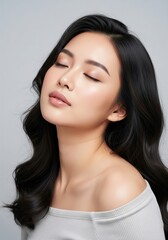 Fototapeta premium Serene young Asian woman with closed eyes, showcasing natural beauty and healthy, wavy dark hair, embodying peace and relaxation for wellness and skincare concepts
