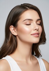 Fototapeta premium Serene young woman with eyes closed, showcasing natural beauty and radiant skin with subtle makeup, captured in a soft, studio portrait