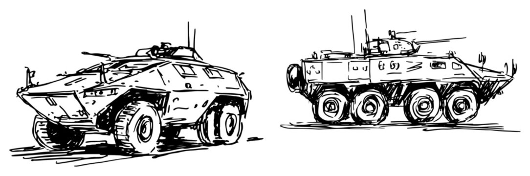 Armored personnel carriers and military combat vehicles in hand drawn ink sketch style