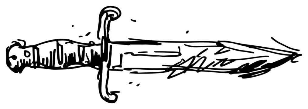 Military combat knife with tactical blade and hilt in hand drawn ink sketch style