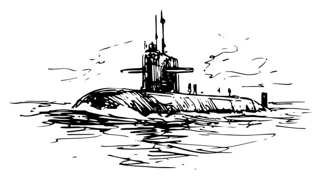 Submarine cruising on ocean surface in expressive ink sketch style