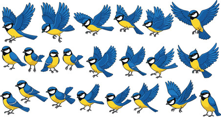 Blue Tit Bird Cartoon Vector Collection with Cute Flying and Perched Songbirds in Different Poses for Wildlife Nature Kids Illustration and Animal Design © MstHura