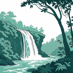 A serene waterfall cascades into a tranquil pool surrounded by lush greenery and trees in a natural landscape setting © vvv