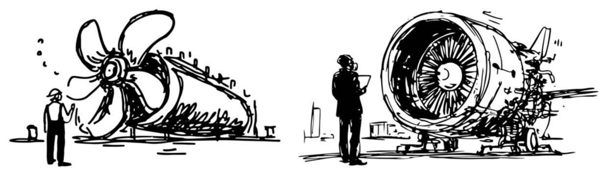 Specialists inspecting marine propeller and jet engine components in hand drawn sketch style