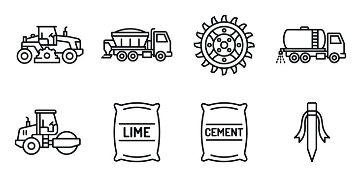Set of construction vehicle and materials icons asphalt paver roller lime cement bags
