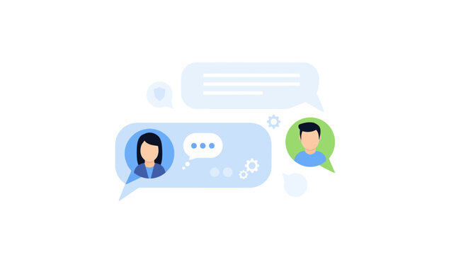 Online Communication & Chat Concept with User Avatars, Messaging Bubbles, Customer Support, Settings, and Security Icons