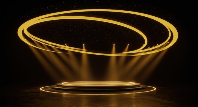 Luxurious dark stage illuminated by golden spotlights and starry canopy