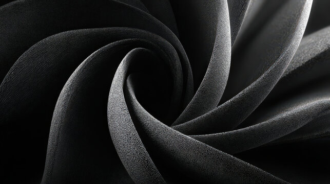Abstract black spiral fabric texture with flowing curves and soft dramatic lighting