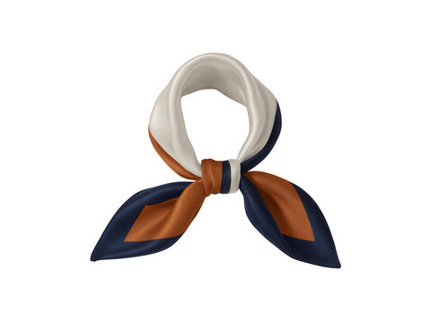 Elegant silk neck scarf with white, orange, and navy blue pattern, isolated on transparent background