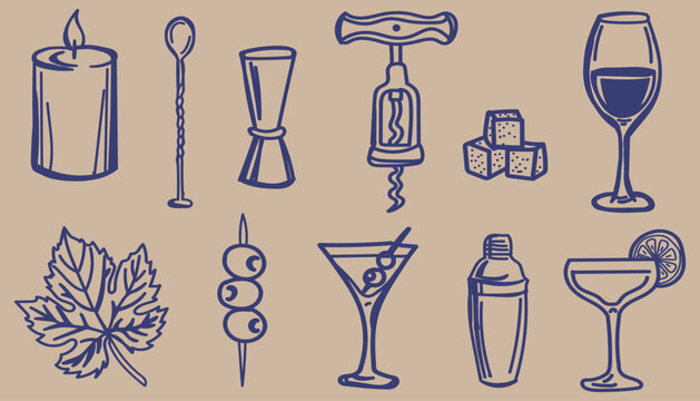 Cocktail Elements Doodle Outline Sketch Vector Illustration