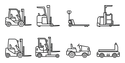 Various types of industrial forklift trucks and material handling equipment outline icons © GoDesigner