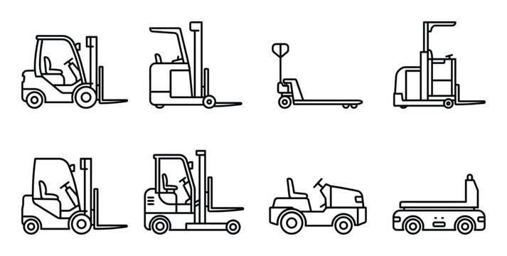 Various types of industrial forklift trucks and material handling equipment outline icons