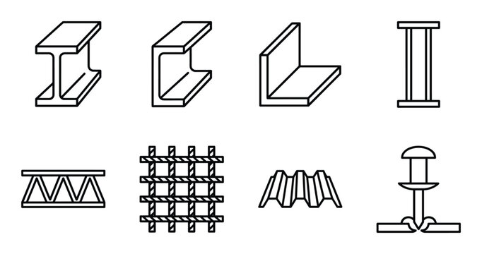 Various steel beam profiles and construction metal shapes line icons