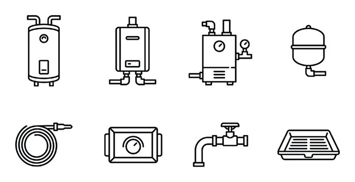 Water heaters and plumbing accessories set line icon vector illustration for home systems
