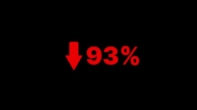 93 percent decline sign animation on the black background. The arrow on is pointing down. Stock market crash, bear market, inflation.Economic collapse, collapse of stocks.
