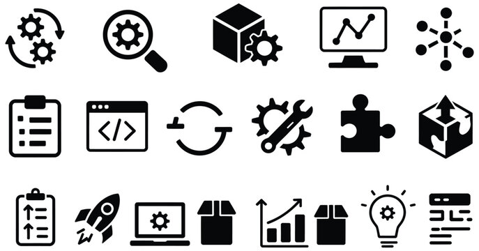 Flat solid tech and business optimization icon collection, automation gears, programming code, analytics dashboard, project management and innovation symbols, digital workflow and productivity concept