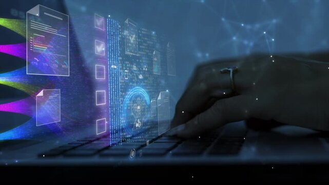 Futuristic AI Document Management System, Digital File Check on Virtual Screen, Paperless Automation Workflow