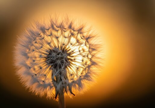 A delicate white dandelion seed puff captured against a soft golden hour light, showcasing intricate details of fluffy pappus and seeds, blowing, detailed, beauty