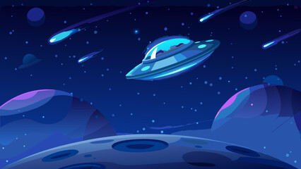 A vibrant illustration depicting a flying saucer amidst a cosmic landscape © Sujit