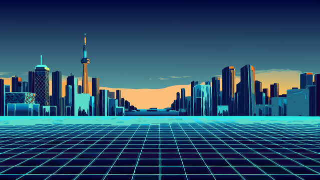 Retro cityscape featuring the cn tower with a neon grid foreground