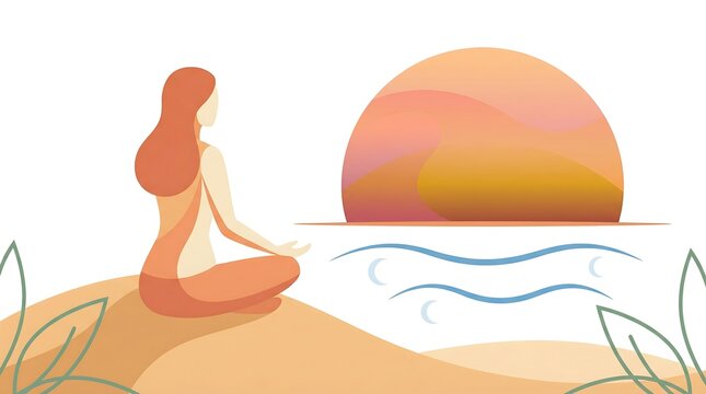 Baddha Padmasana Yoga Meditation at Sunset Beach Illustration