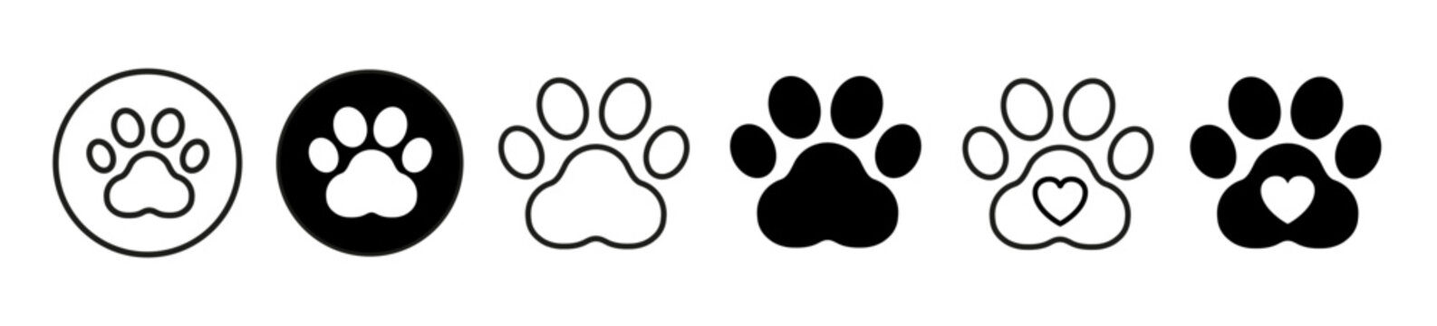 Paw footprint set icons, cute animal track with heart icon, dog or cat paw icons in solid and line style