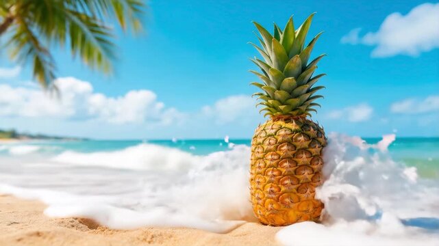 Fresh pineapple on a sandy tropical beach with ocean waves and palm leaves in background, suitable for summer holiday, travel ad, healthy fruit promotion, and resort marketing.