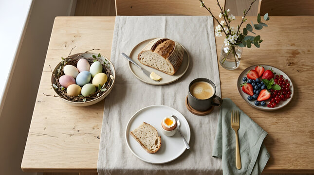 Top view of a rustic wooden table set for a spring breakfast featuring colorful Easter eggs in a bowl, fresh berries, sourdough bread, soft-boiled egg, and a cup of coffee for Easter morning