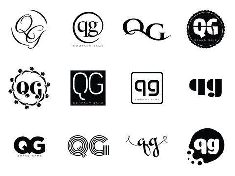 QG logo company template. Letter q and g logotype. Set different classic serif lettering and modern bold text with design elements. Initial font typography.