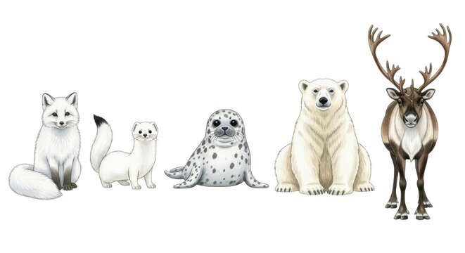 watercolor illustration of a collection of five arctic animals (polar bear, fox, reindeer, ermine, seal) in thick winter coats, on a stark white high-key background, charming children's nature book