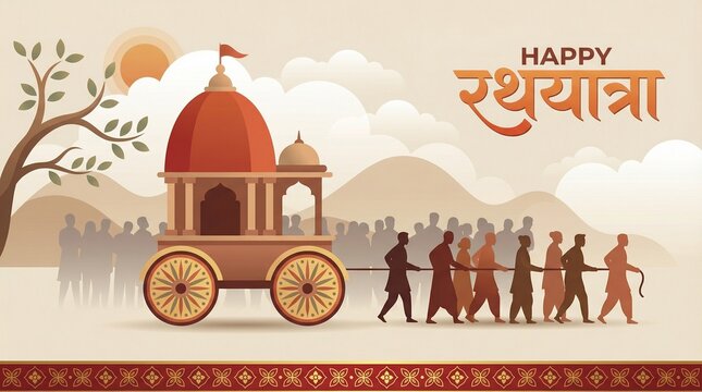 Rath Yatra festival illustration with chariot and devotees pulling rope in traditional procession Indian culture celebration Jagannath spiritual event design background