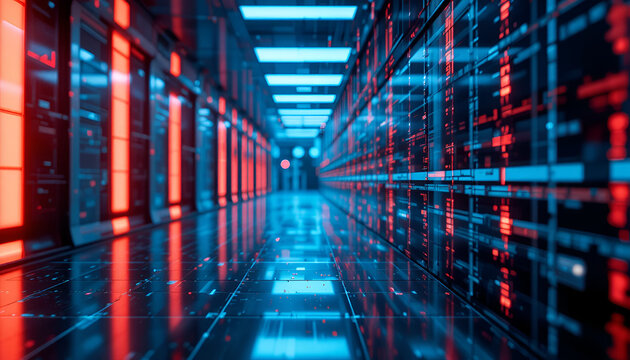 Futuristic server room with blue and red neon lights reflecting off shiny floor data center concept with rows of computer servers