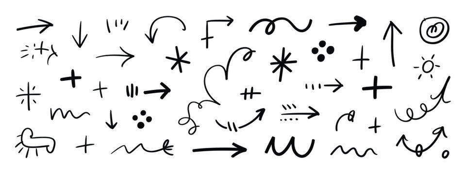 Hand drawn doodle arrows and symbols vector set isolated on transparent background, artistic sketch collection.