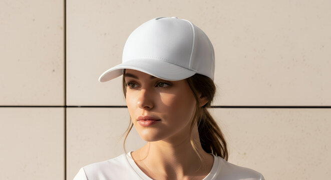 Woman in stylish baseball cap near beige wall mockup for design hat mockup mockup cap hat template fashion clothing baseball front sport isolated blank