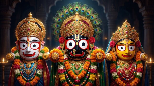 Jagannath rath yatra hindu festival divine idols with traditional jewelry spiritual india devotion culture sacred temple celebration religious festive background