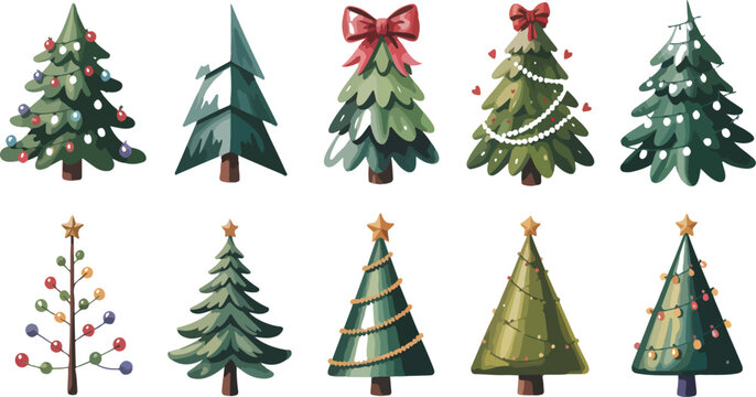Christmas trees vector set with decorated pine featuring candles candy toys star and tinsel for merry xmas winter holiday