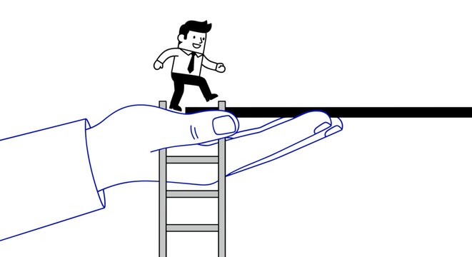 Cartoon businessman climbing ladder on giant hand bridging gap to success symbolizing support opportunity and career