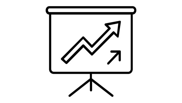 Business Growth Presentation Screen Vector Icon Illustration Featuring an Upward Trending Arrow on a Tripod Stand, Symbolizing Success, Financial Progress, and Strategic Marketing Analysis.