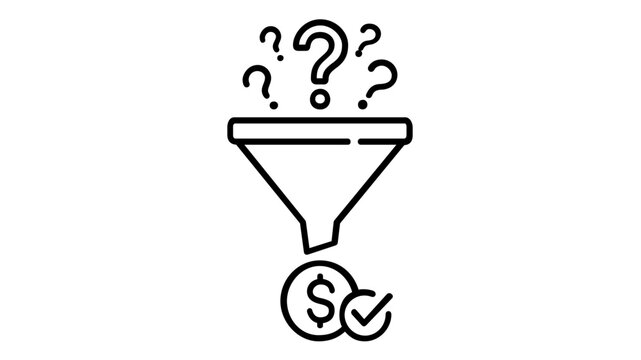 Minimalist vector icon illustration of a business sales funnel converting leads, shown as question marks, into revenue, represented by a dollar sign coin with a checkmark. Flat line art design.