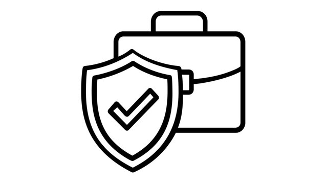 Business briefcase with security shield and checkmark vector icon illustration, professional job protection, insurance coverage, corporate safety, and verified work security minimalist graphic.