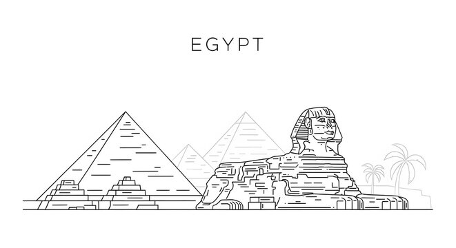 Egypt travel landmark outline drawing featuring pyramids and the Sphinx.