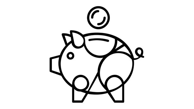 Minimalist black and white line art vector illustration of a piggy bank with a coin falling into it, symbolizing savings, investment, banking, and financial growth for business concepts.